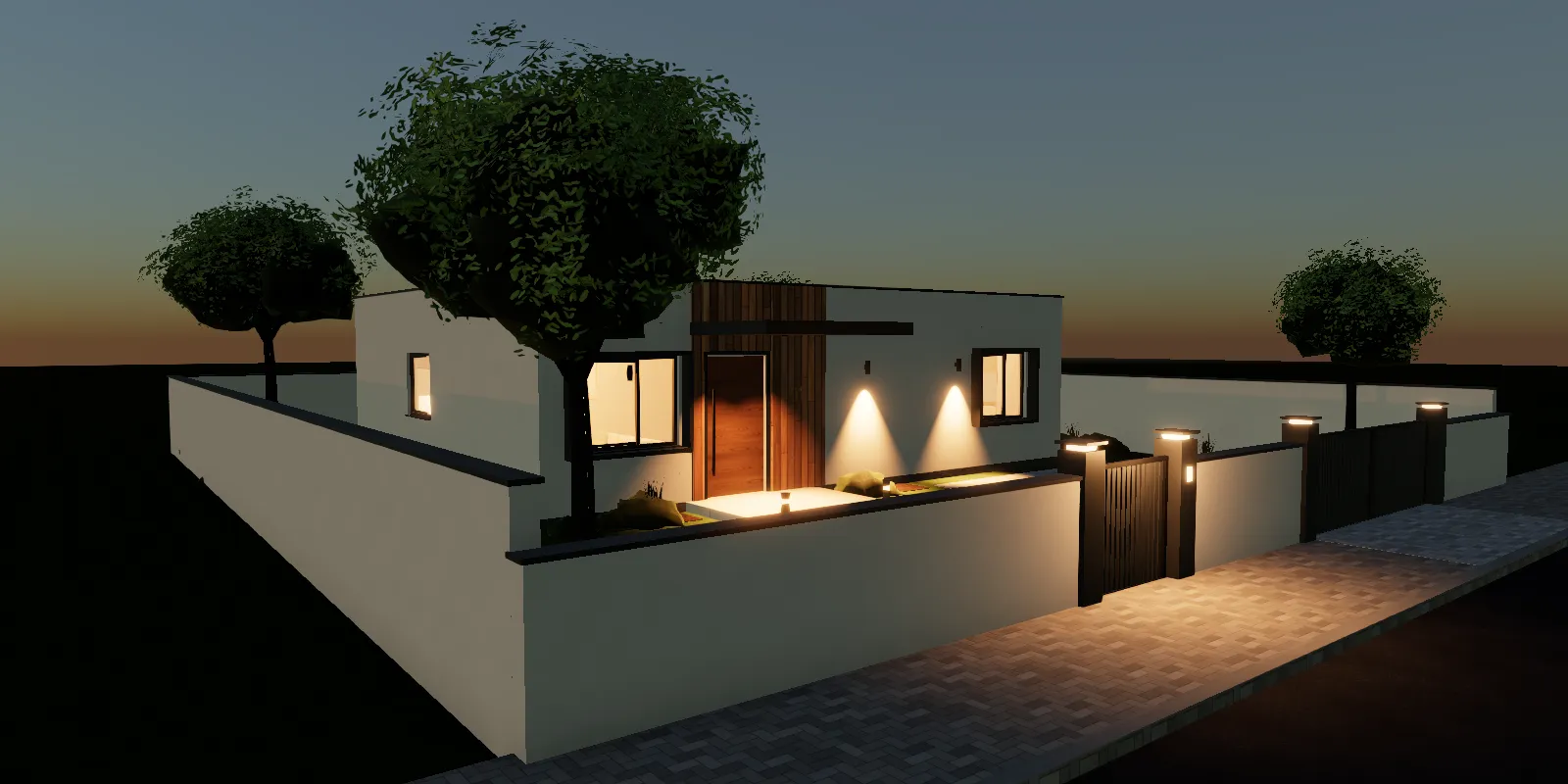HOUSE H01 at dusk: a white single-storey house with a cedar-clad entrance, warm wall lights and a lit garden gate, rendered in real time.