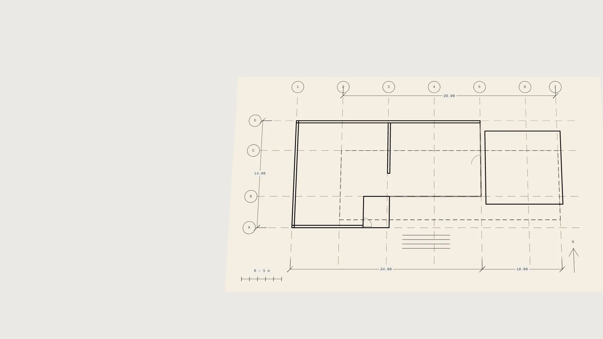 Plan drawing of the ASTRA DWELL maquette on a model board: walls, glazing, grid lines and dimensions.