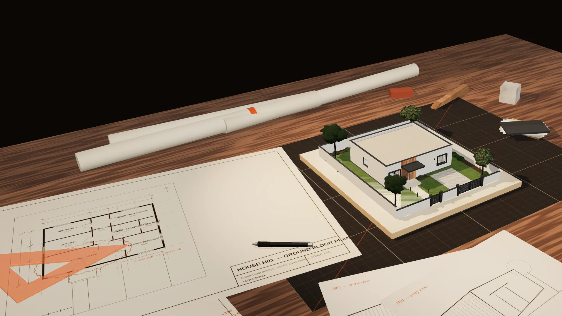 The HOUSE H01 model on an architect’s worktable, among drawings, a scale ruler and material samples.