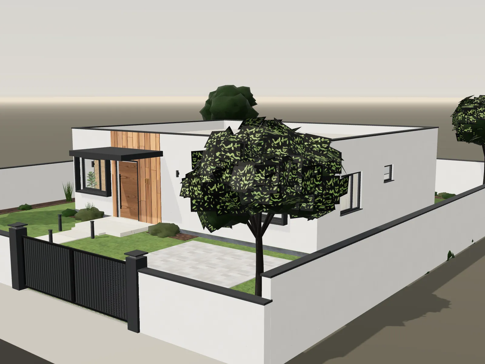 HOUSE H01 from the front corner of its plot: white render, the cedar-clad entrance, boundary walls, gate and garden.