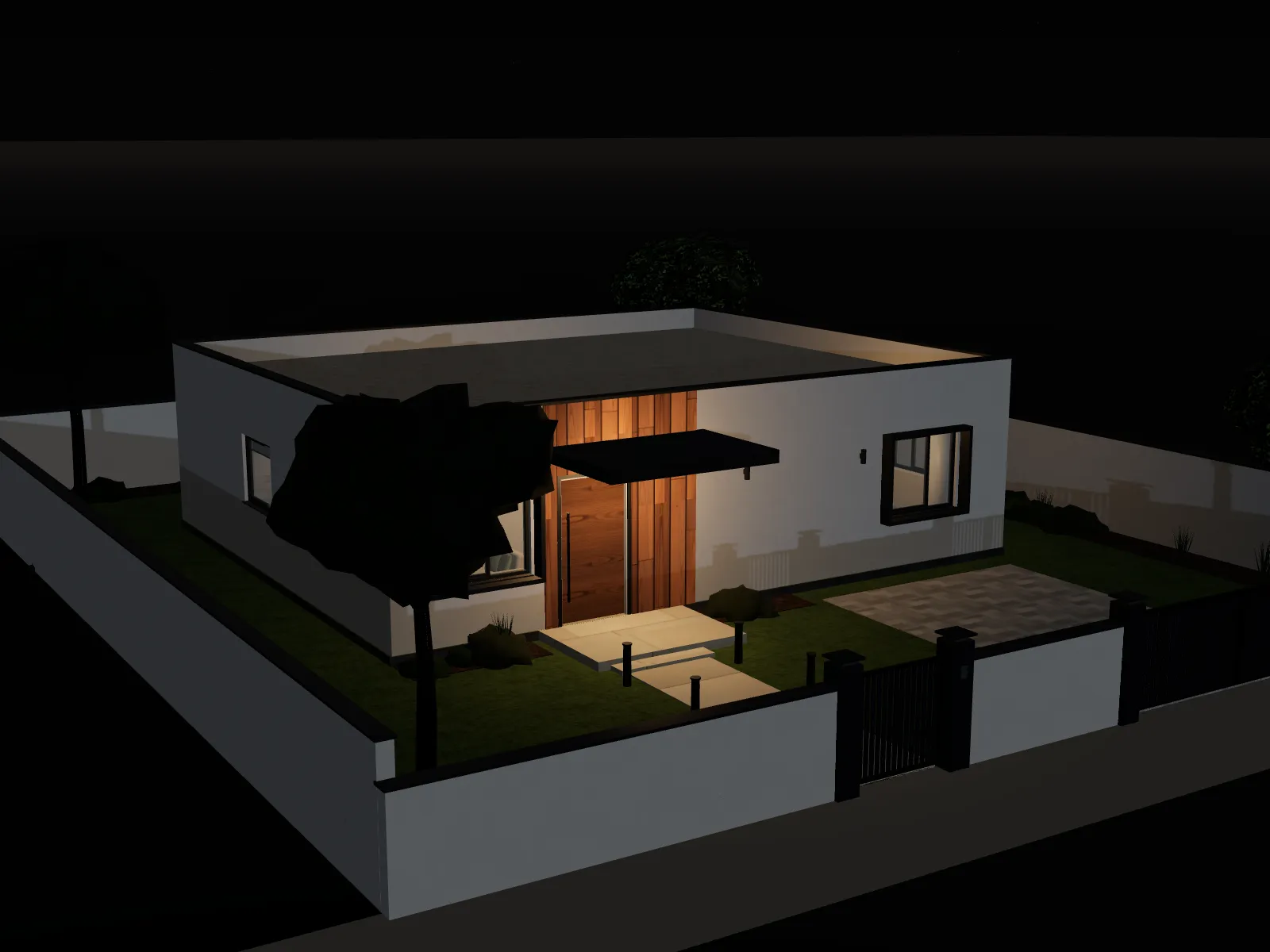 HOUSE H01 at night, with warm light at the entrance and in the windows, and the garden in moonlight.