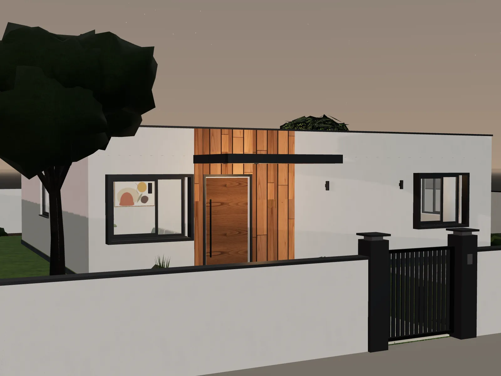 An evening view of HOUSE H01 across its front wall and gate, the cedar-clad entrance under the canopy.