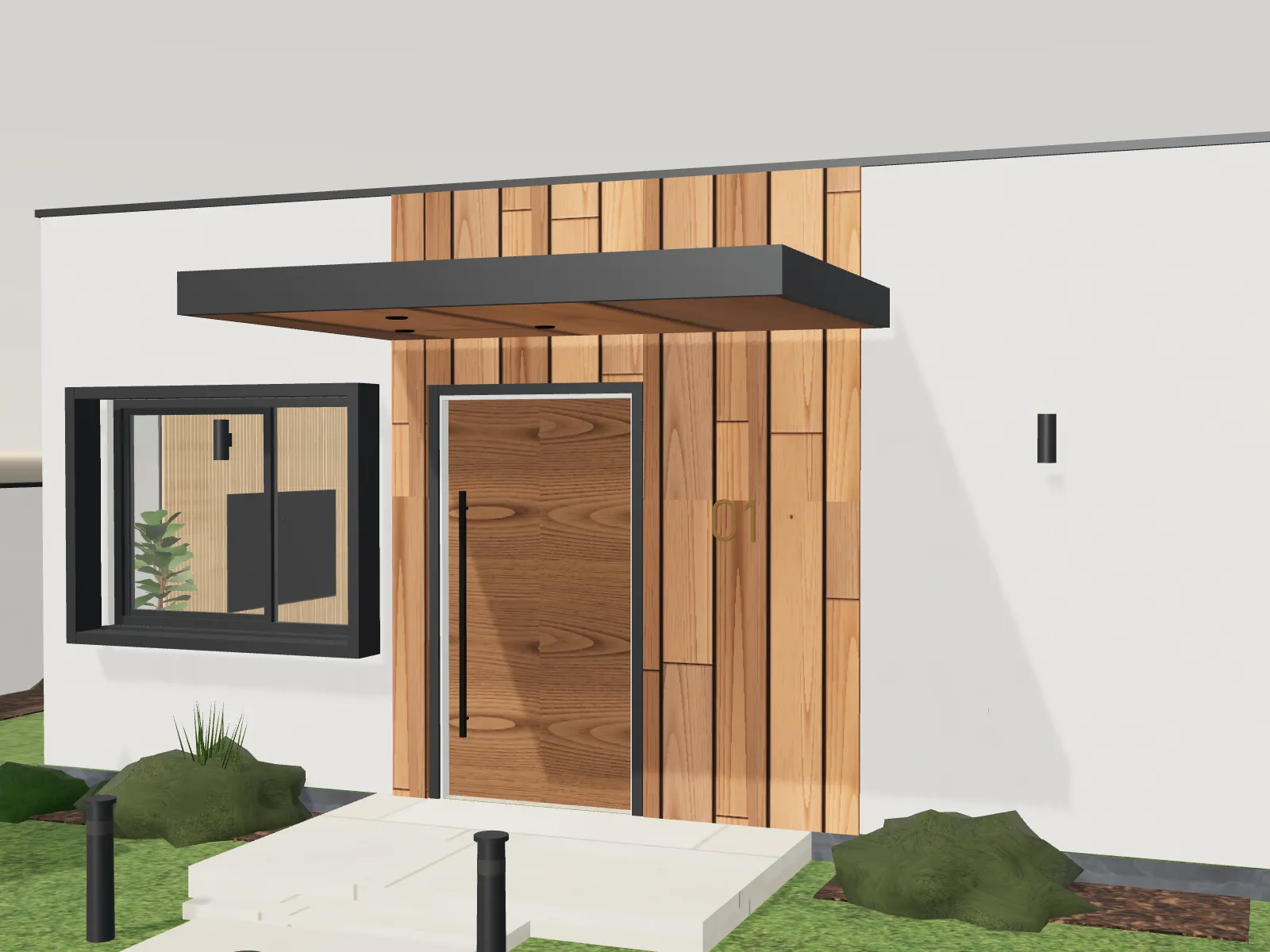 The entrance of HOUSE H01 up close: cedar cladding, a walnut front door, charcoal window frames and a slim canopy.