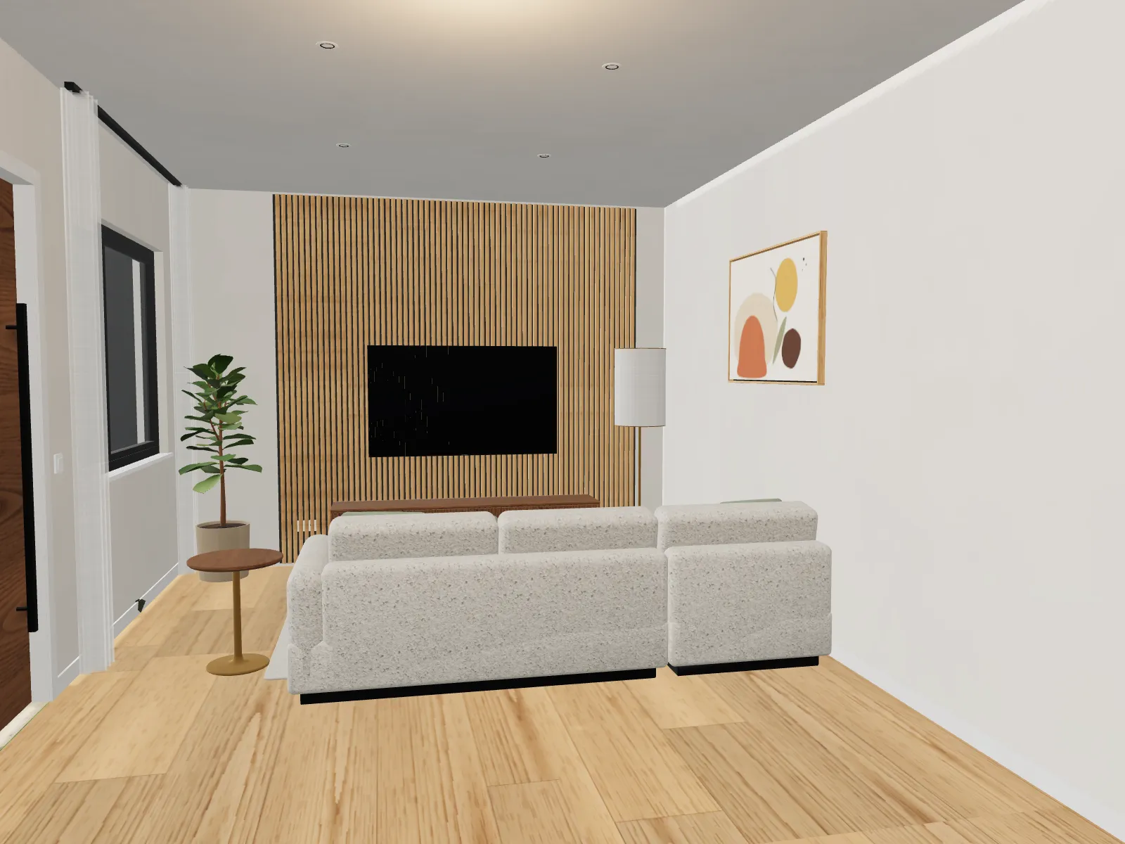 Inside HOUSE H01 at eye level: the living room with its sofa, slatted timber feature wall and front door.