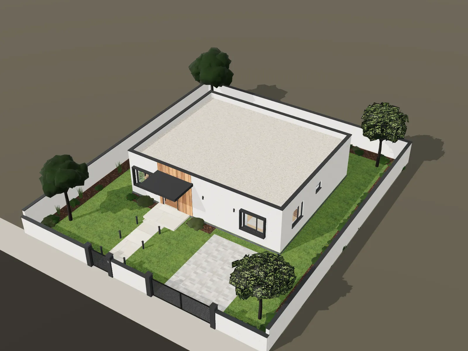 An aerial view of HOUSE H01 on its plot — house, garden, paths and boundary — as shown in a browser-based presentation.